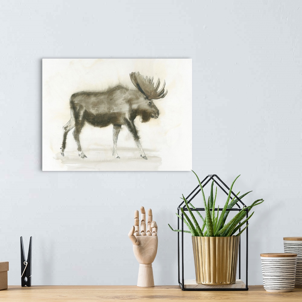 A bohemian room featuring Contemporary artwork of a moose standing against a white background.