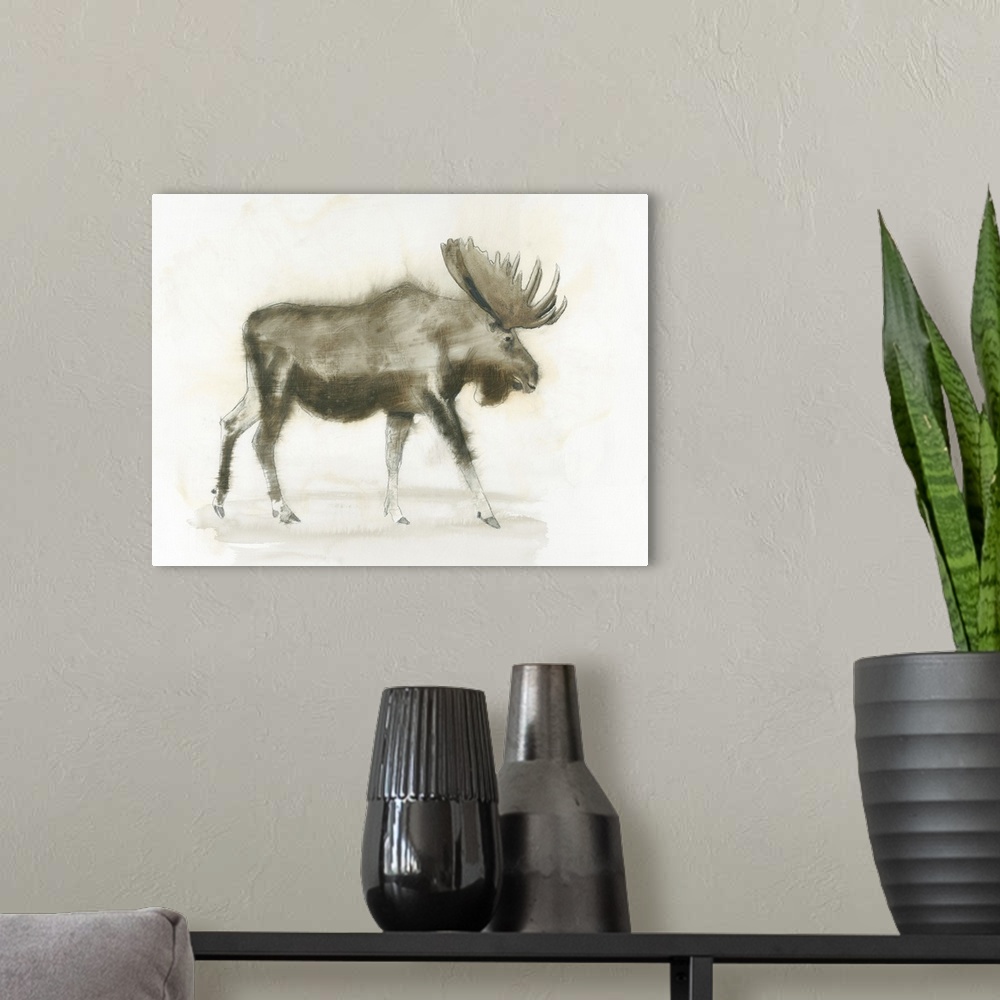 A modern room featuring Contemporary artwork of a moose standing against a white background.