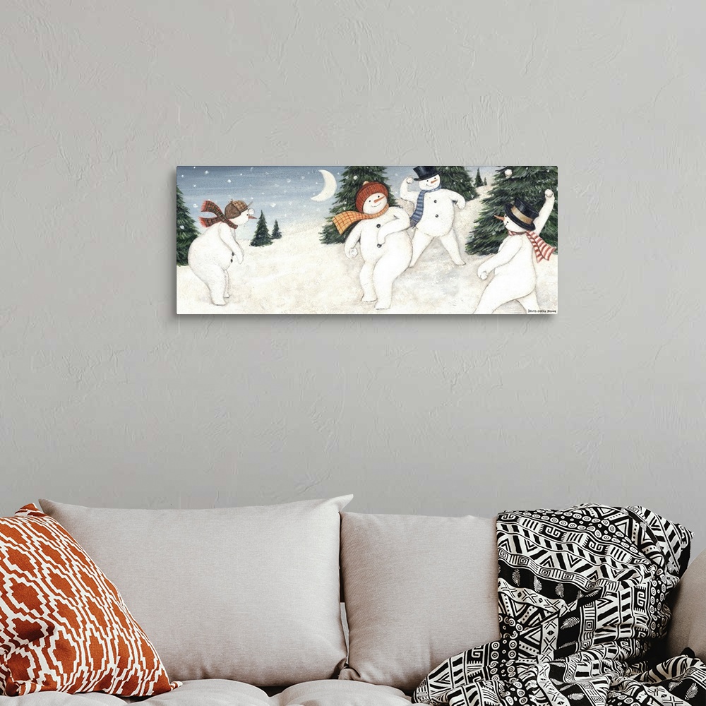 A bohemian room featuring Contemporary artwork of an idyllic Christmas countryside scene, with snowmen throwing snowballs.