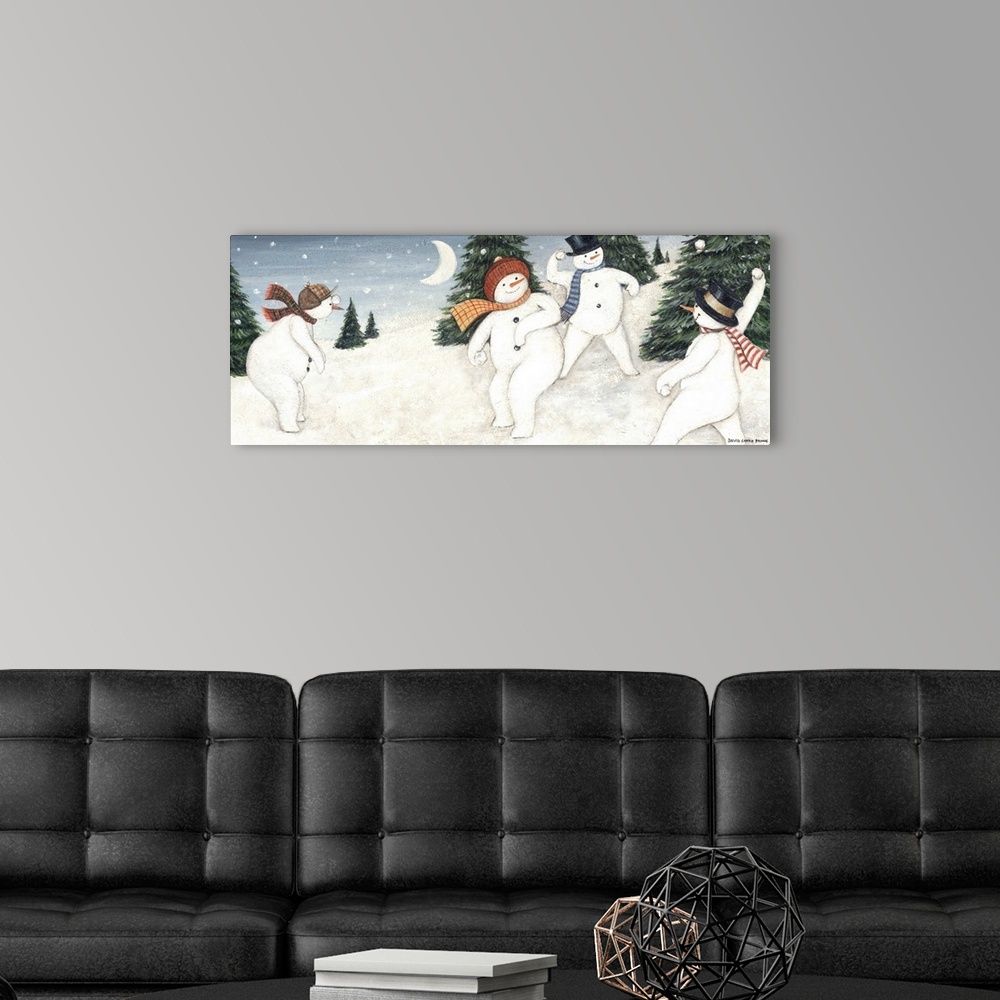 A modern room featuring Contemporary artwork of an idyllic Christmas countryside scene, with snowmen throwing snowballs.