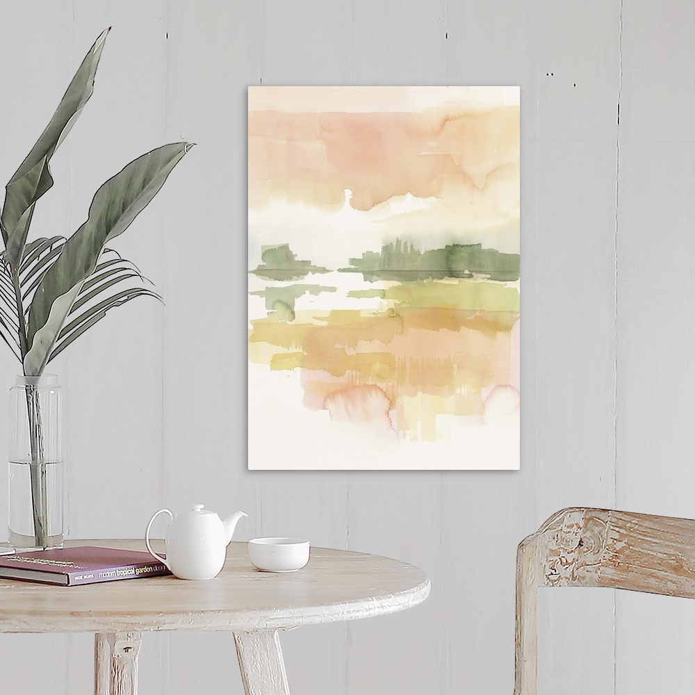 A farmhouse room featuring Watercolor painting of a simple landscape in soft pink morning light.