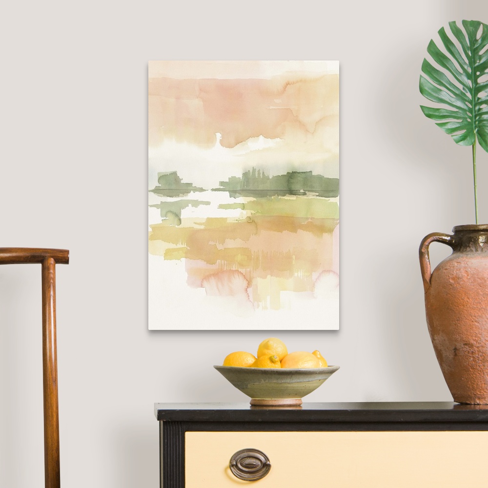 A traditional room featuring Watercolor painting of a simple landscape in soft pink morning light.