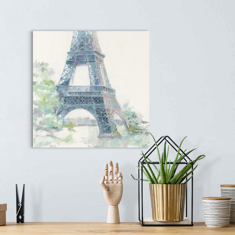 A bohemian room featuring Contemporary painting of the bottom part of the Eiffel Tower made with pastel hues on a white, sq...