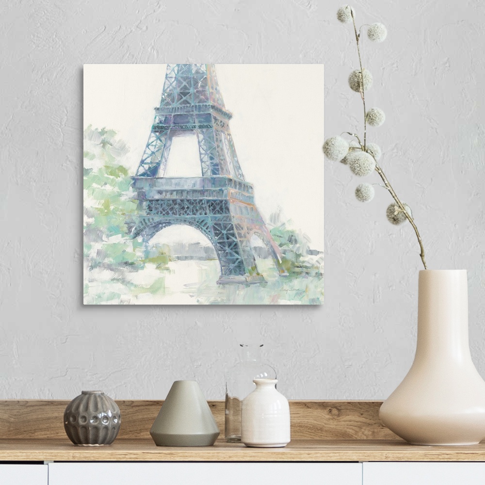 A farmhouse room featuring Contemporary painting of the bottom part of the Eiffel Tower made with pastel hues on a white, sq...