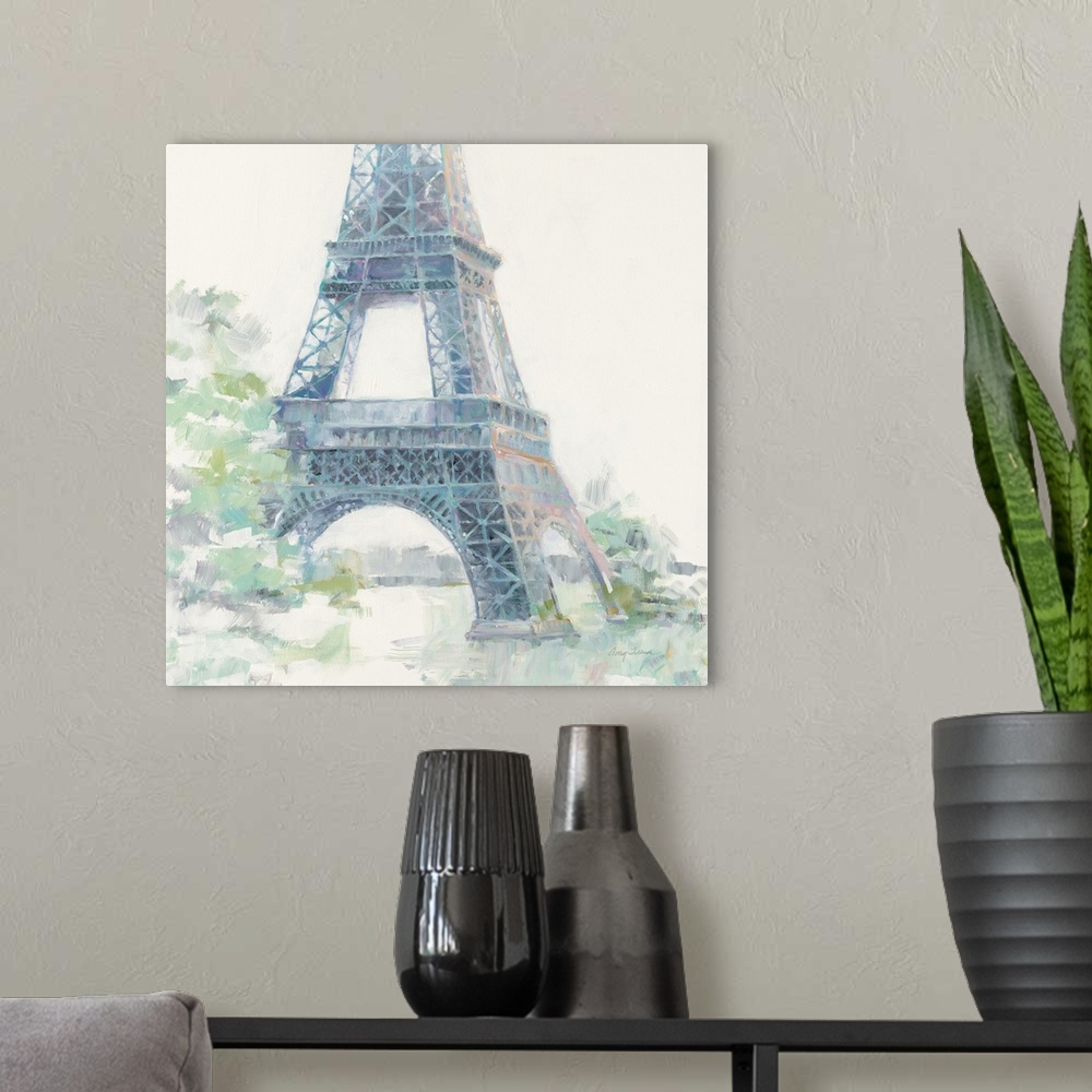 A modern room featuring Contemporary painting of the bottom part of the Eiffel Tower made with pastel hues on a white, sq...