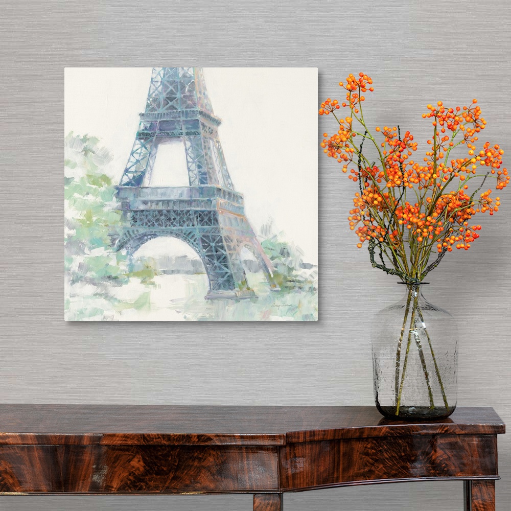 A traditional room featuring Contemporary painting of the bottom part of the Eiffel Tower made with pastel hues on a white, sq...