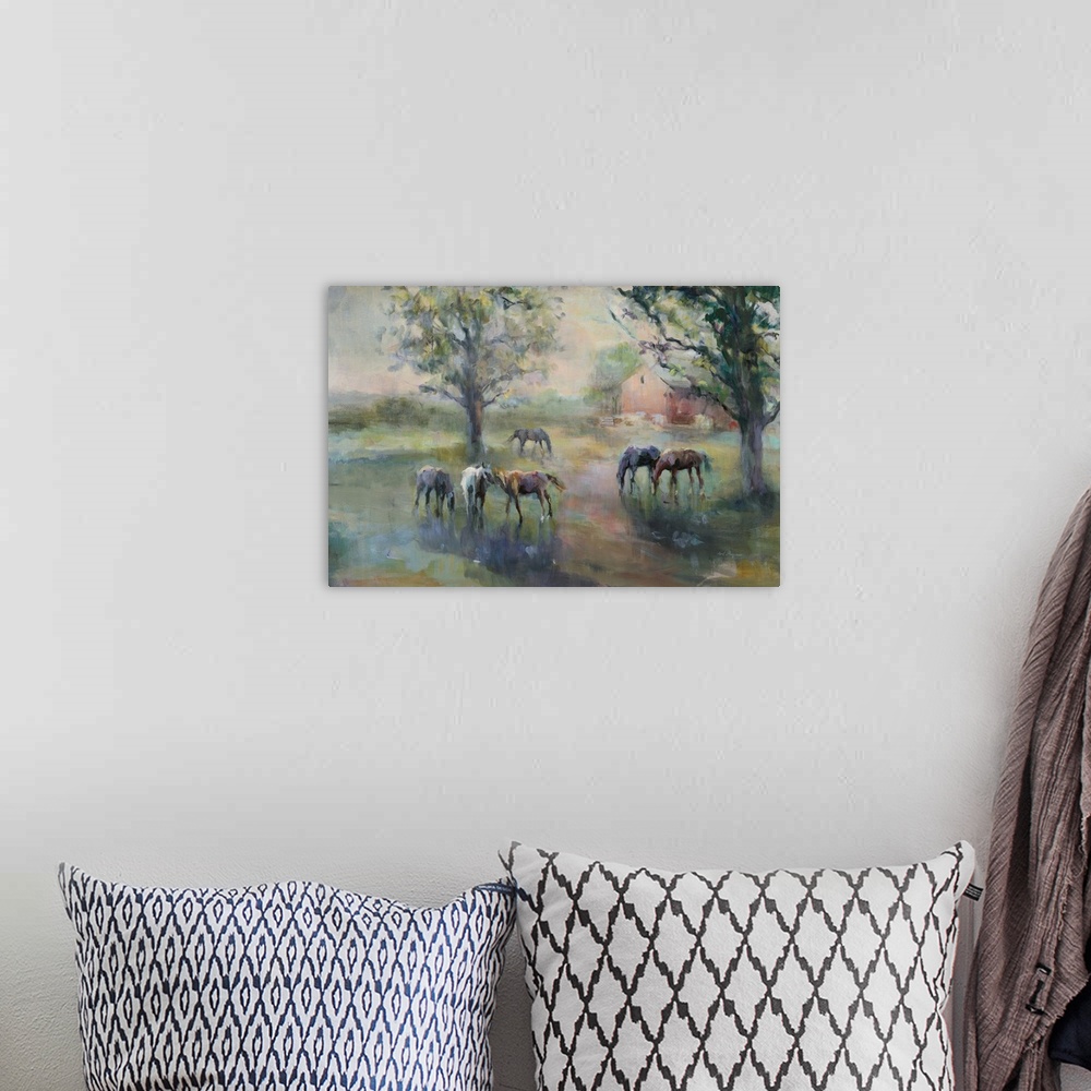 A bohemian room featuring Contemporary artwork of horses grazing in the country, finished in an impressionistic style.
