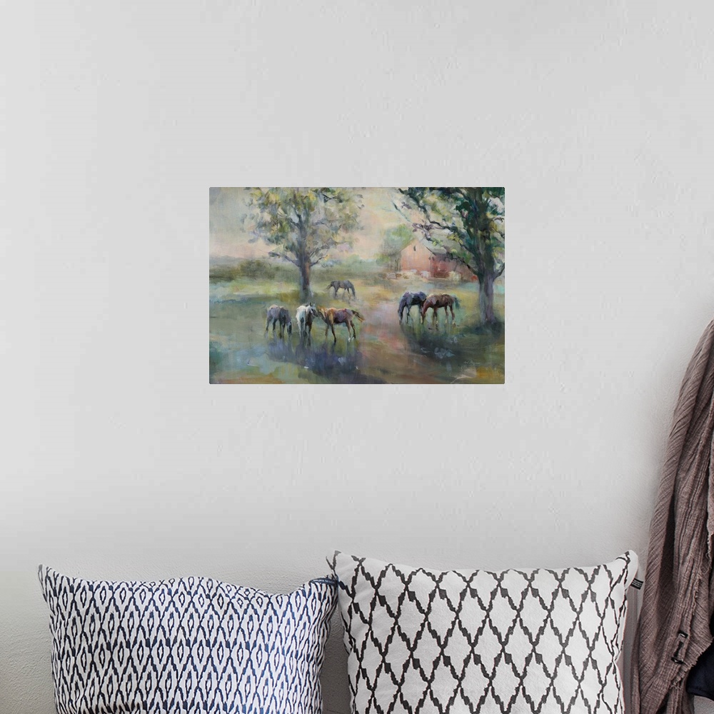A bohemian room featuring Contemporary artwork of horses grazing in the country, finished in an impressionistic style.