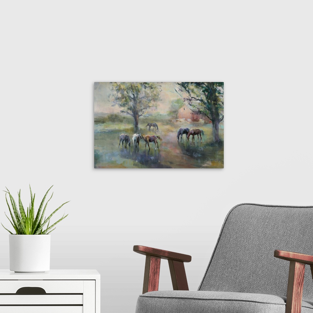 A modern room featuring Contemporary artwork of horses grazing in the country, finished in an impressionistic style.