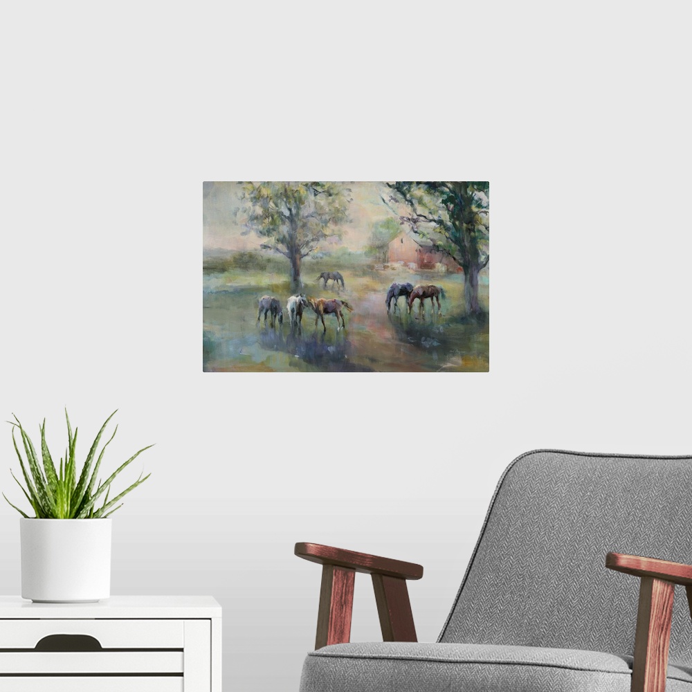 A modern room featuring Contemporary artwork of horses grazing in the country, finished in an impressionistic style.