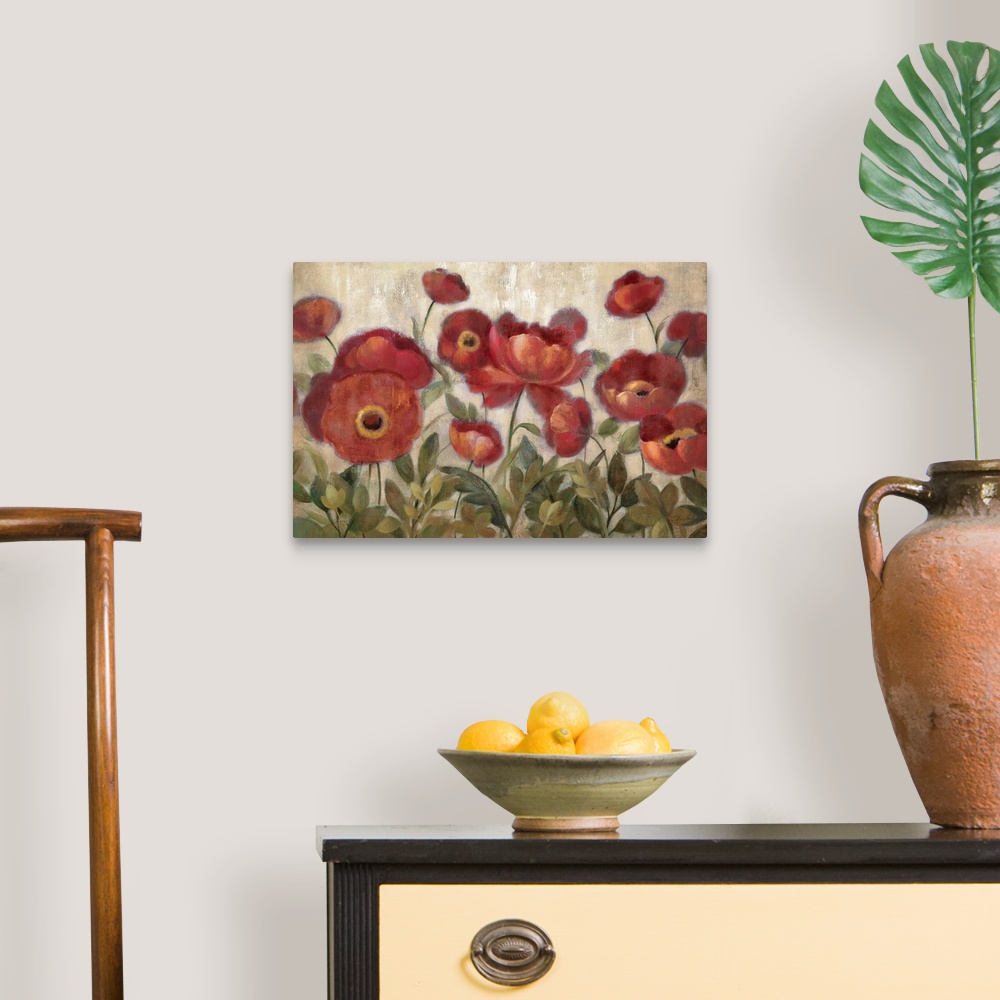 A traditional room featuring Soft, dreamy contemporary painting of a group of round poppies in a garden with short leaves, on ...