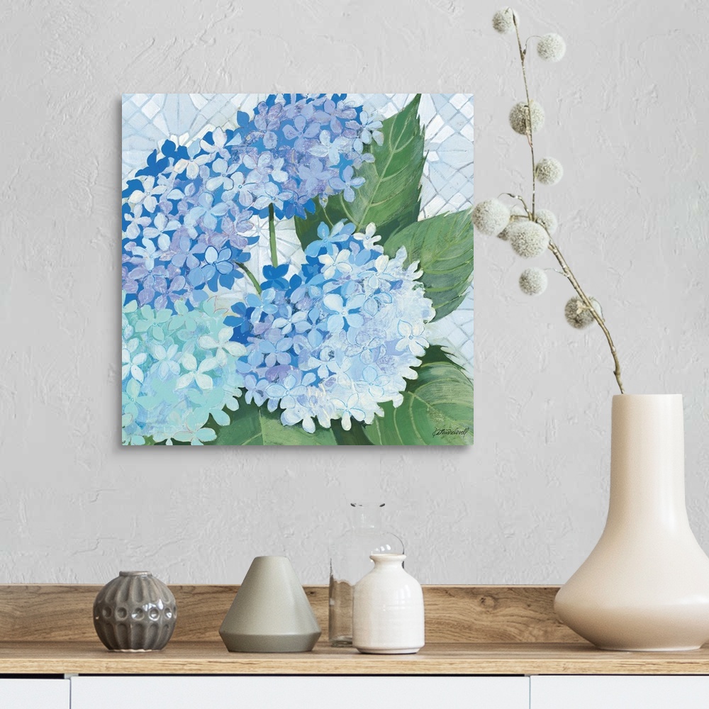 A farmhouse room featuring Contemporary artwork of blue flowers close-up in the frame of the image.