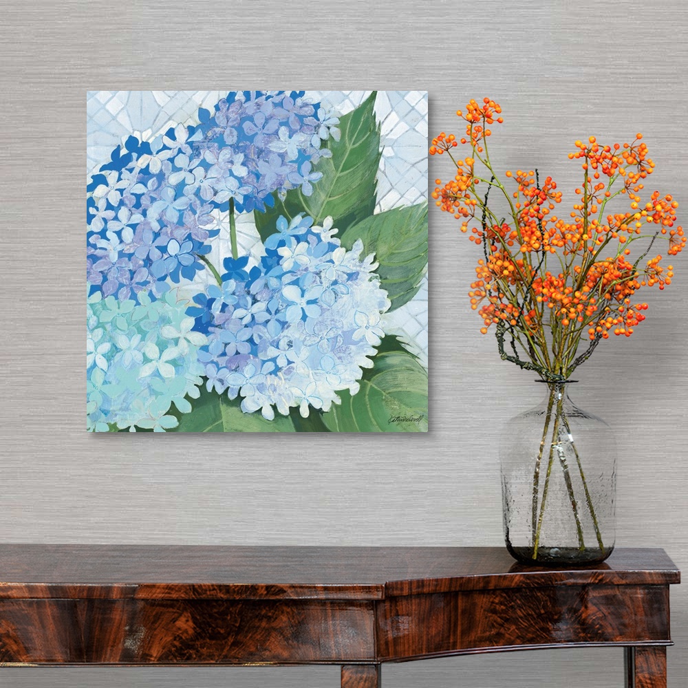 A traditional room featuring Contemporary artwork of blue flowers close-up in the frame of the image.