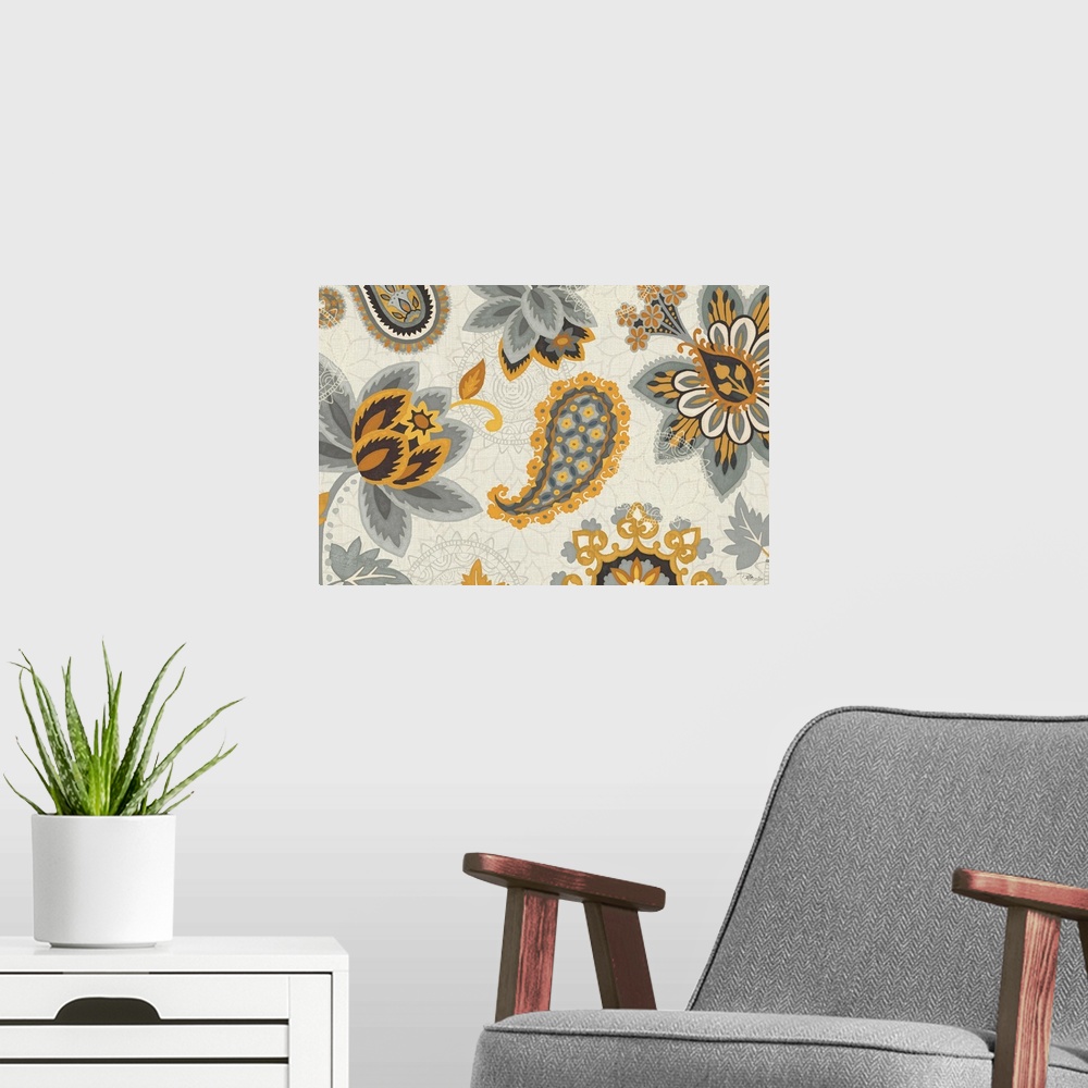 A modern room featuring Oversized landscape home art docor of a paisley and floral pattern in grey and golden tones, on a...