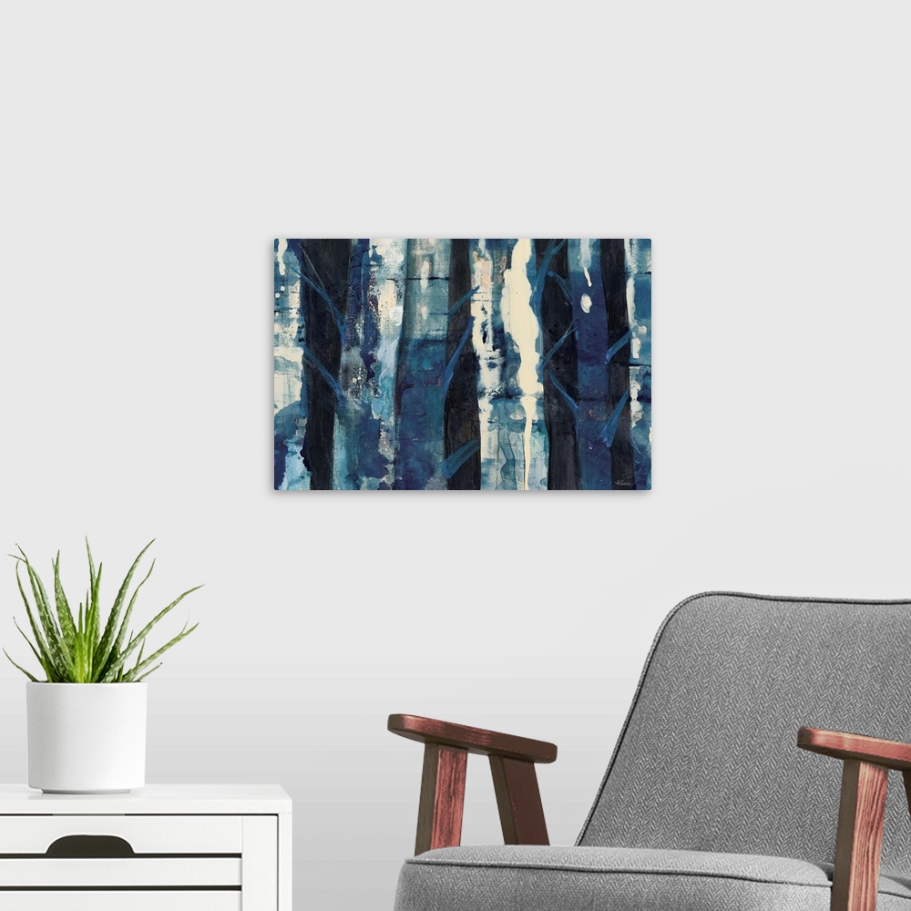 A modern room featuring Horizontal abstract painting of textured roughed vertical lines in shades of blue.
