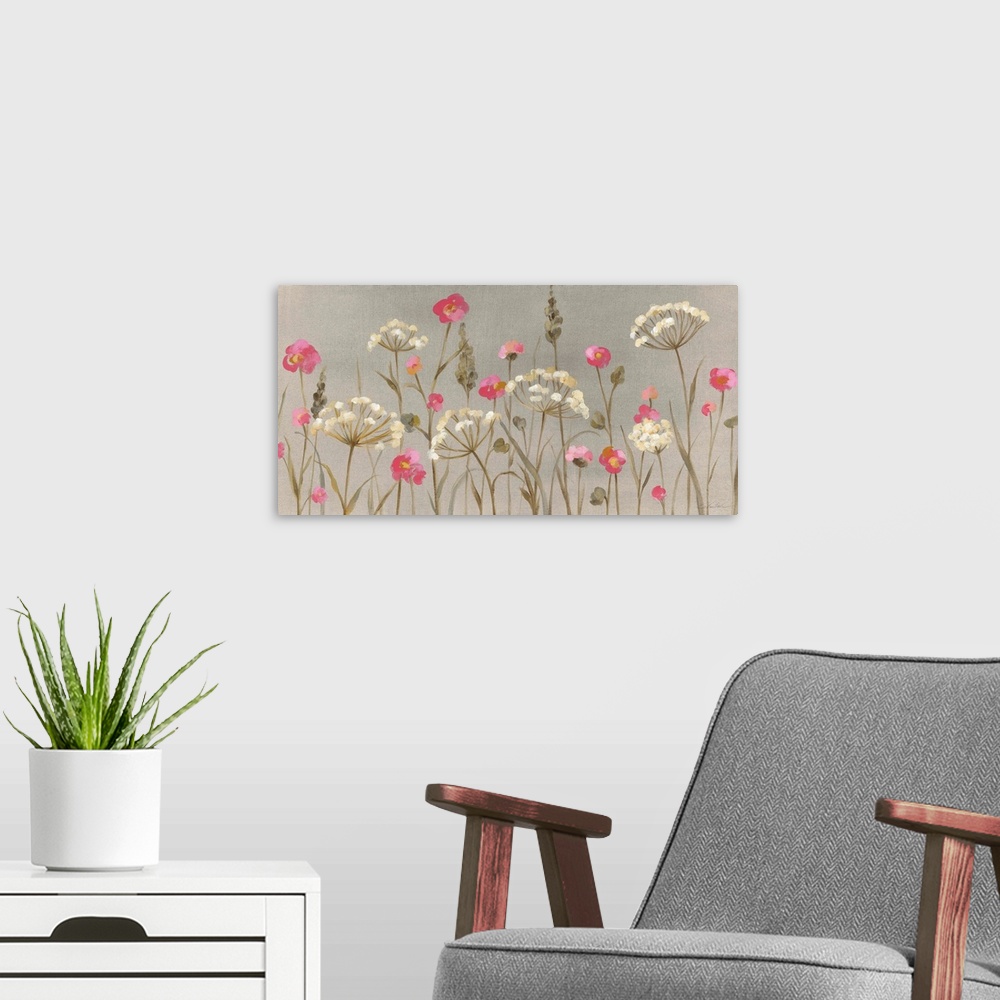 A modern room featuring A vertical painting of a display of wildflowers in white and pink on a gray backdrop.