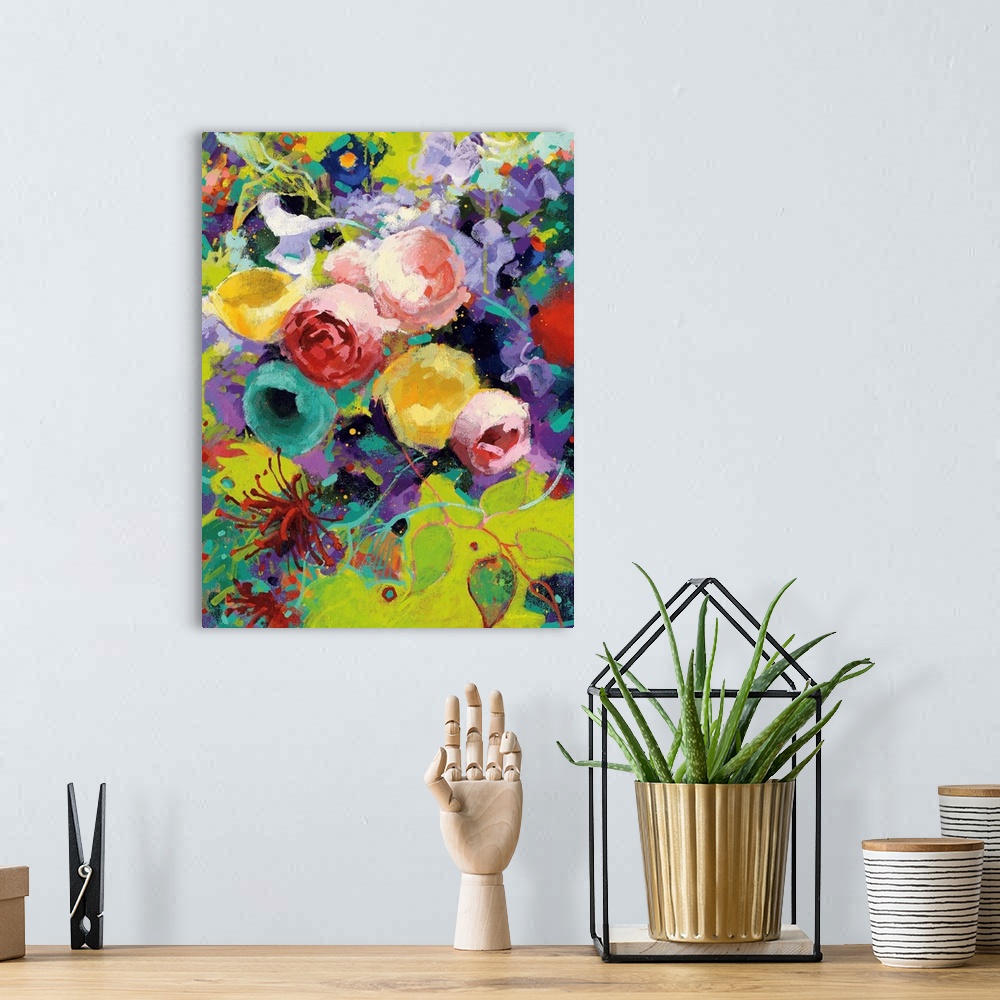 A bohemian room featuring Large abstract painting with bright flowers.