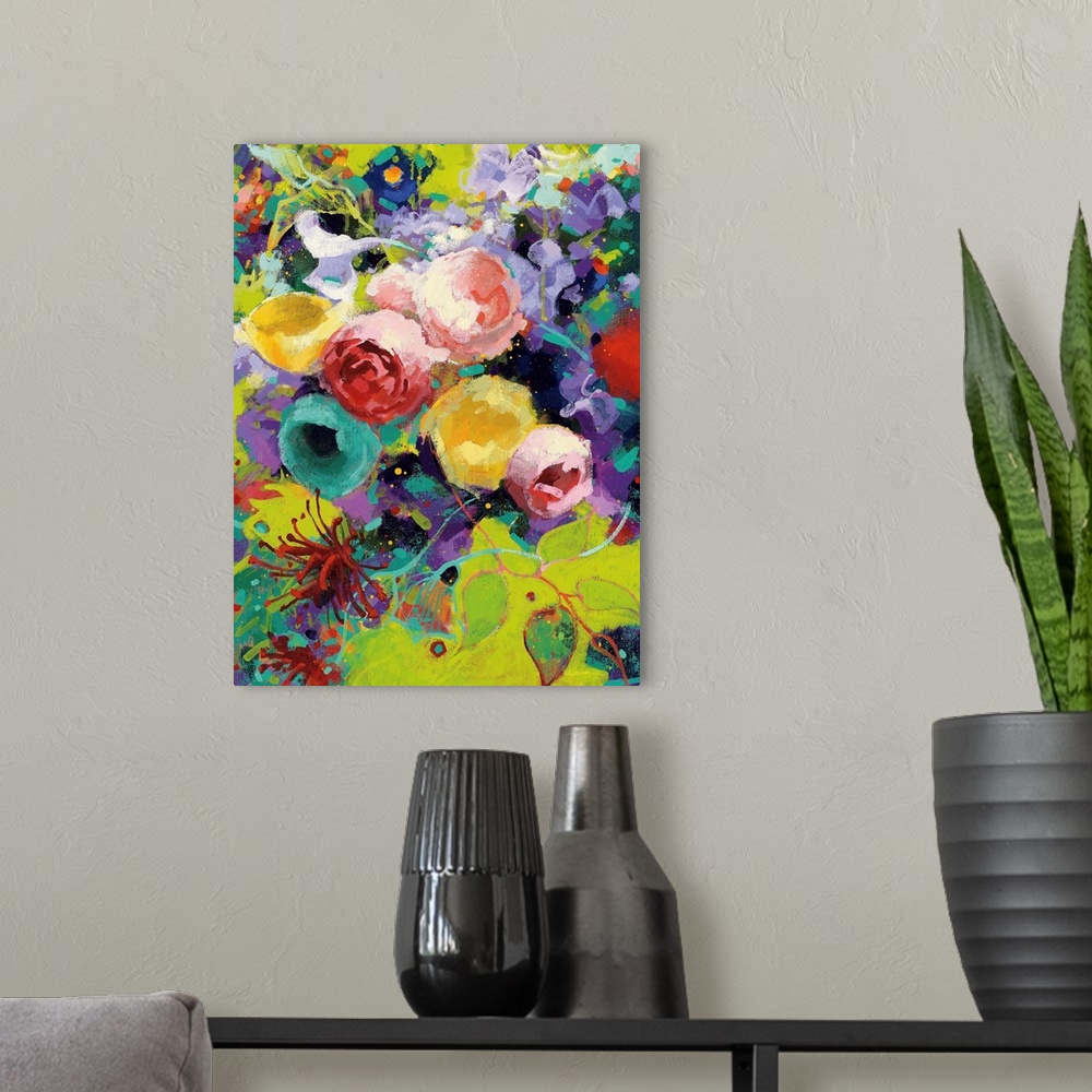 A modern room featuring Large abstract painting with bright flowers.