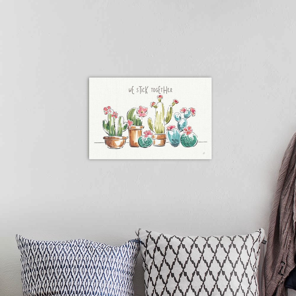 A bohemian room featuring Illustration of green and blue toned cacti with pink flowers on a white and gray background with ...