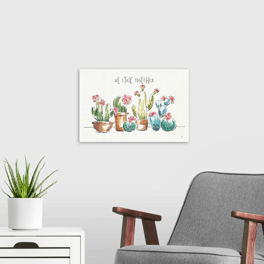 A modern room featuring Illustration of green and blue toned cacti with pink flowers on a white and gray background with ...