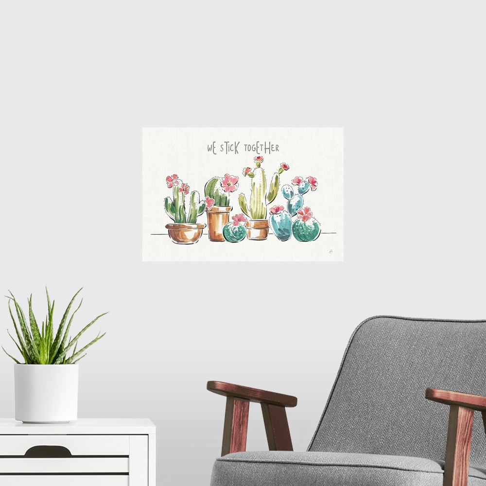 A modern room featuring Illustration of green and blue toned cacti with pink flowers on a white and gray background with ...
