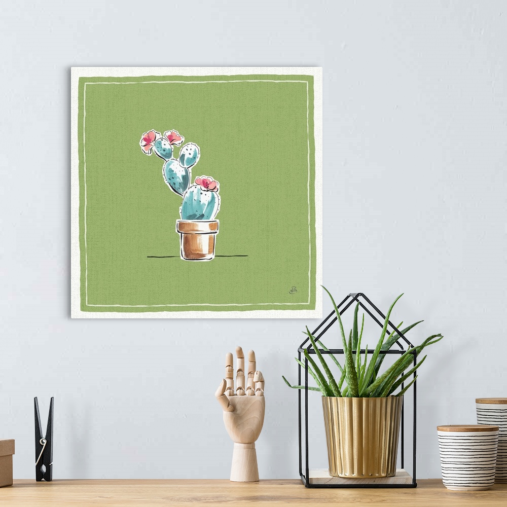A bohemian room featuring A digital illustration of a blooming cactus in a pot on a green background.