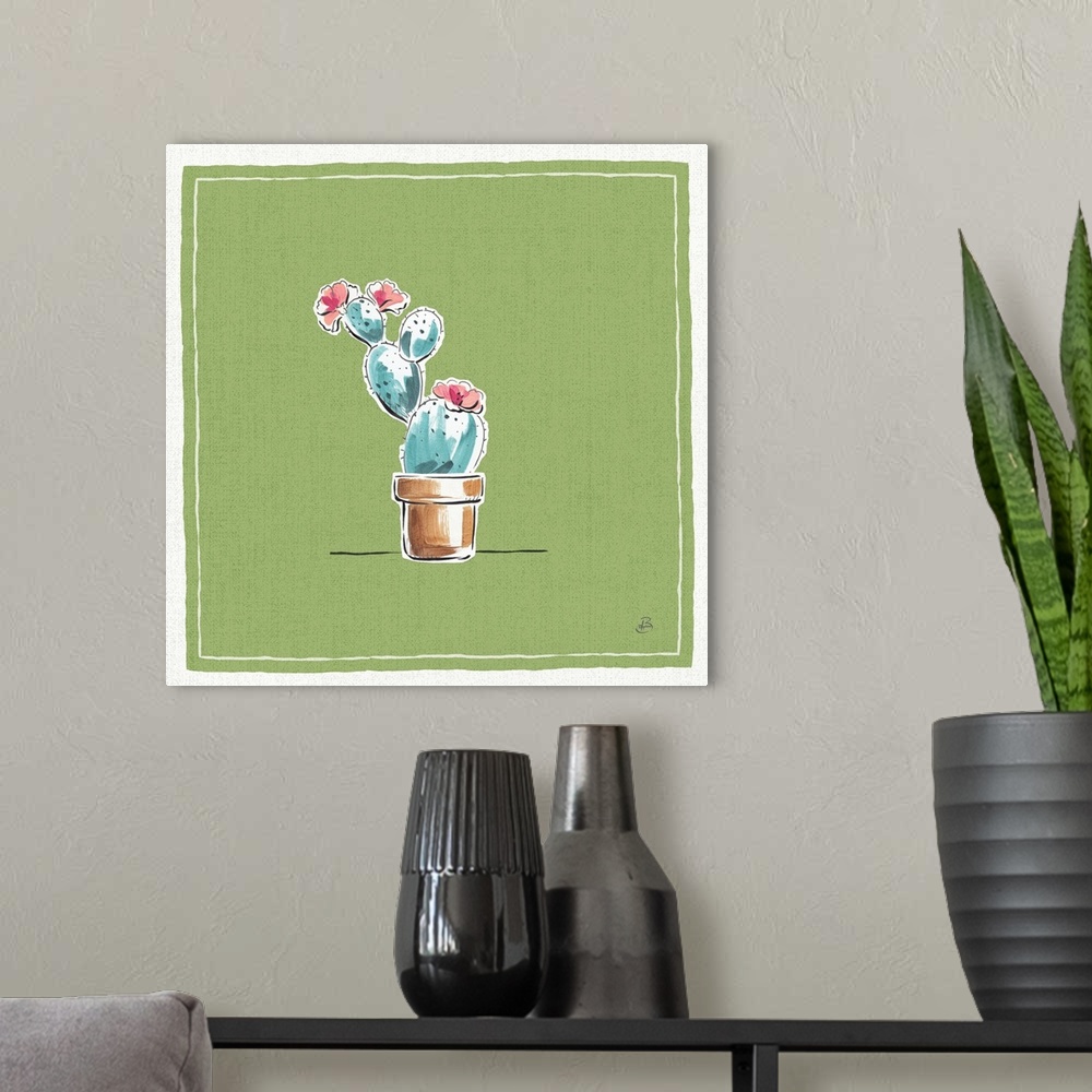 A modern room featuring A digital illustration of a blooming cactus in a pot on a green background.