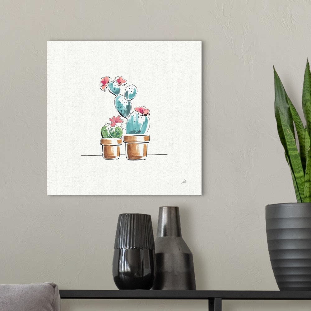 A modern room featuring Illustration of two potted cacti with pink flowers on a white and gray square background.