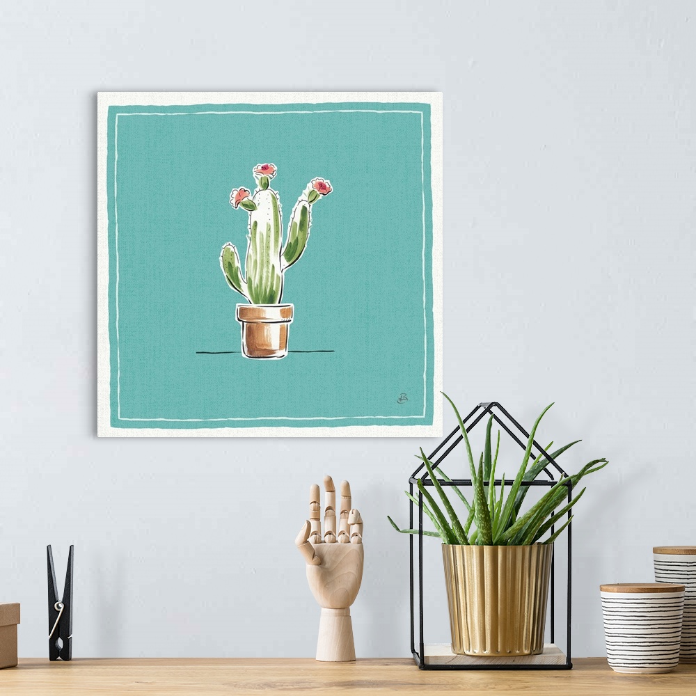 A bohemian room featuring A digital illustration of a blooming cactus in a pot on a blue background.