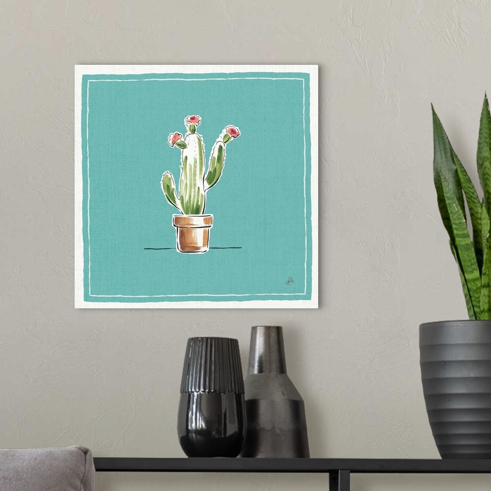 A modern room featuring A digital illustration of a blooming cactus in a pot on a blue background.
