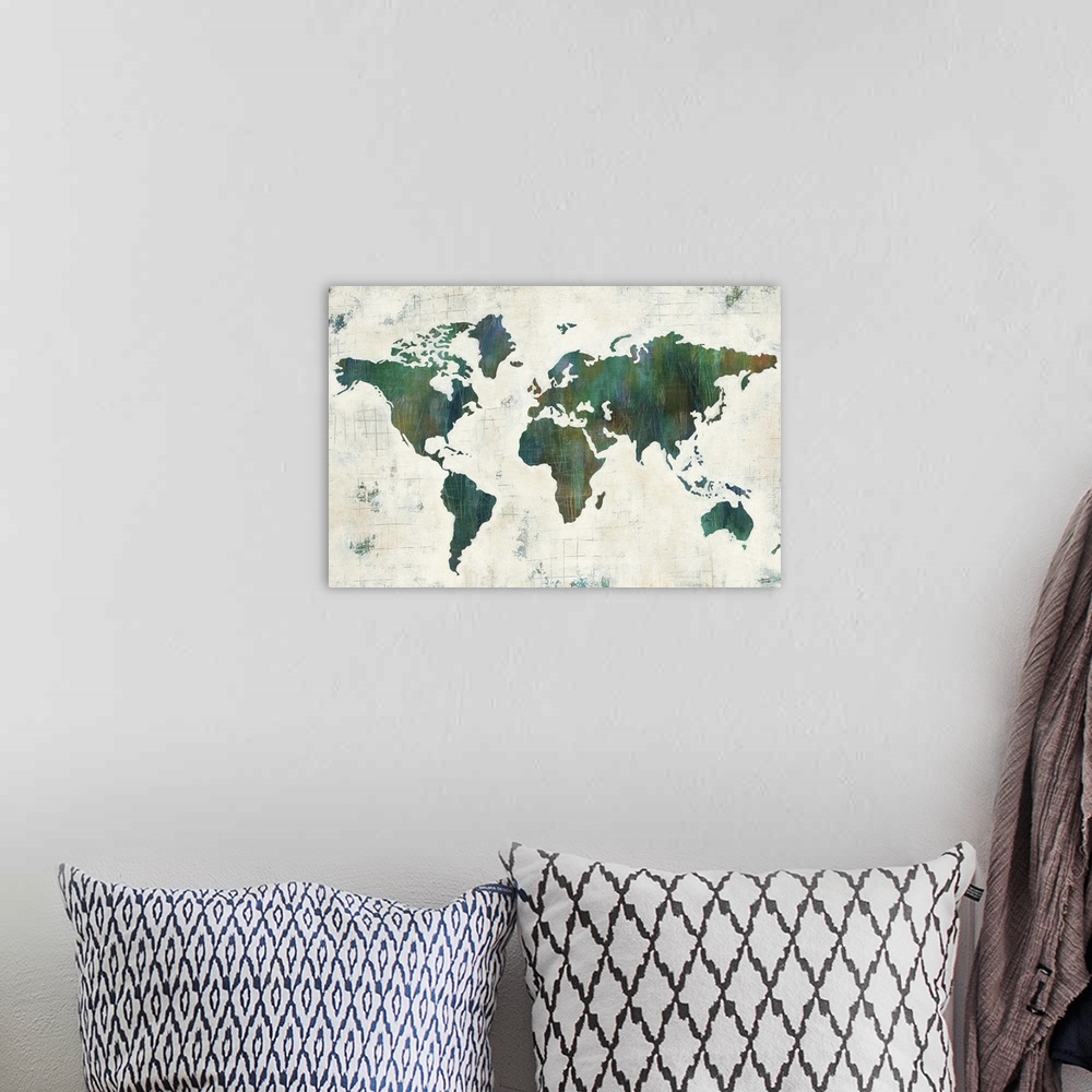 A bohemian room featuring Contemporary artwork of a world map in a dark green against a neutral toned background.