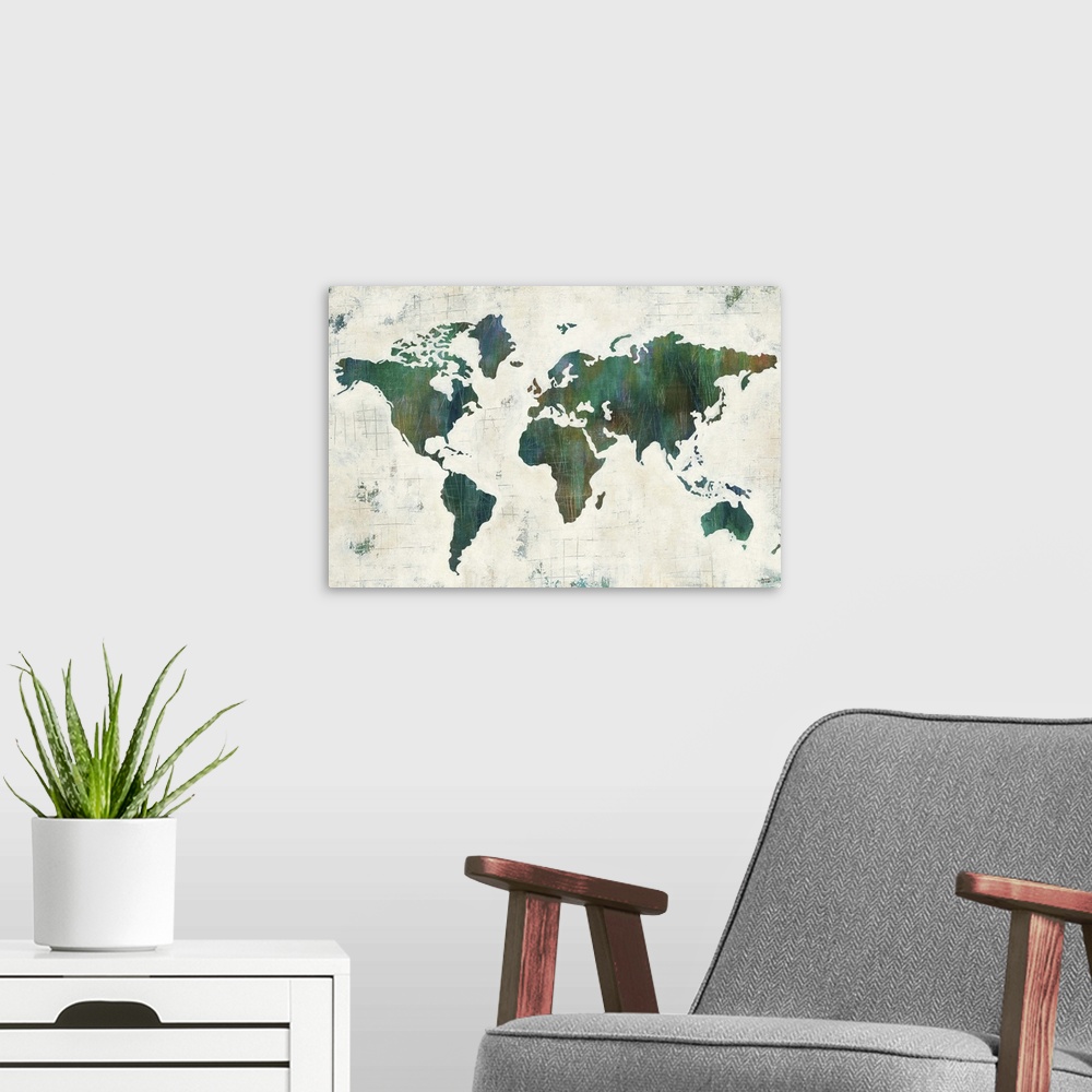 A modern room featuring Contemporary artwork of a world map in a dark green against a neutral toned background.