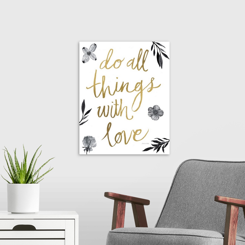 A modern room featuring Gold handlettering against a white background with leaves and butterfly.