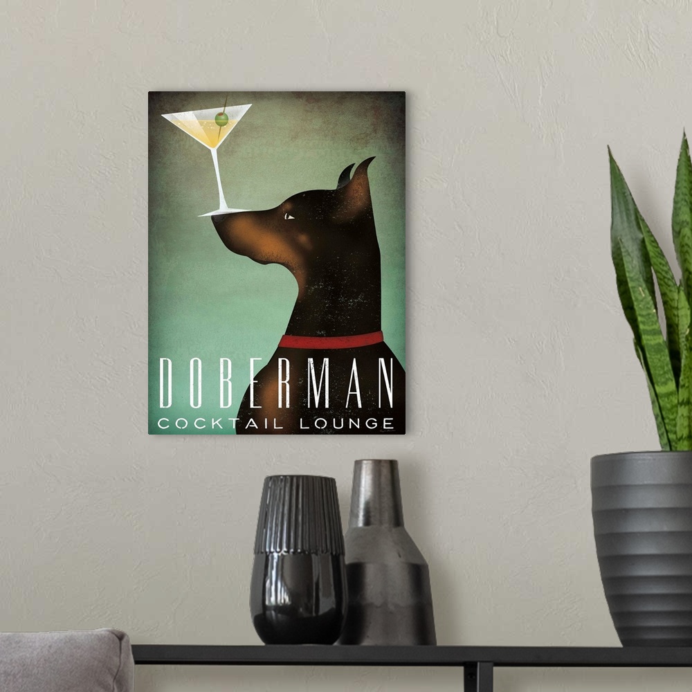 A modern room featuring Illustration of a doberman balancing a martini glass on its nose with "Doberman Cocktail Lounge" ...