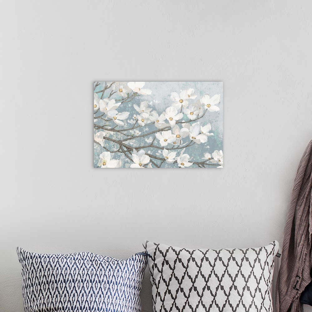 A bohemian room featuring Dogwood Blossoms II Blue Gray Crop