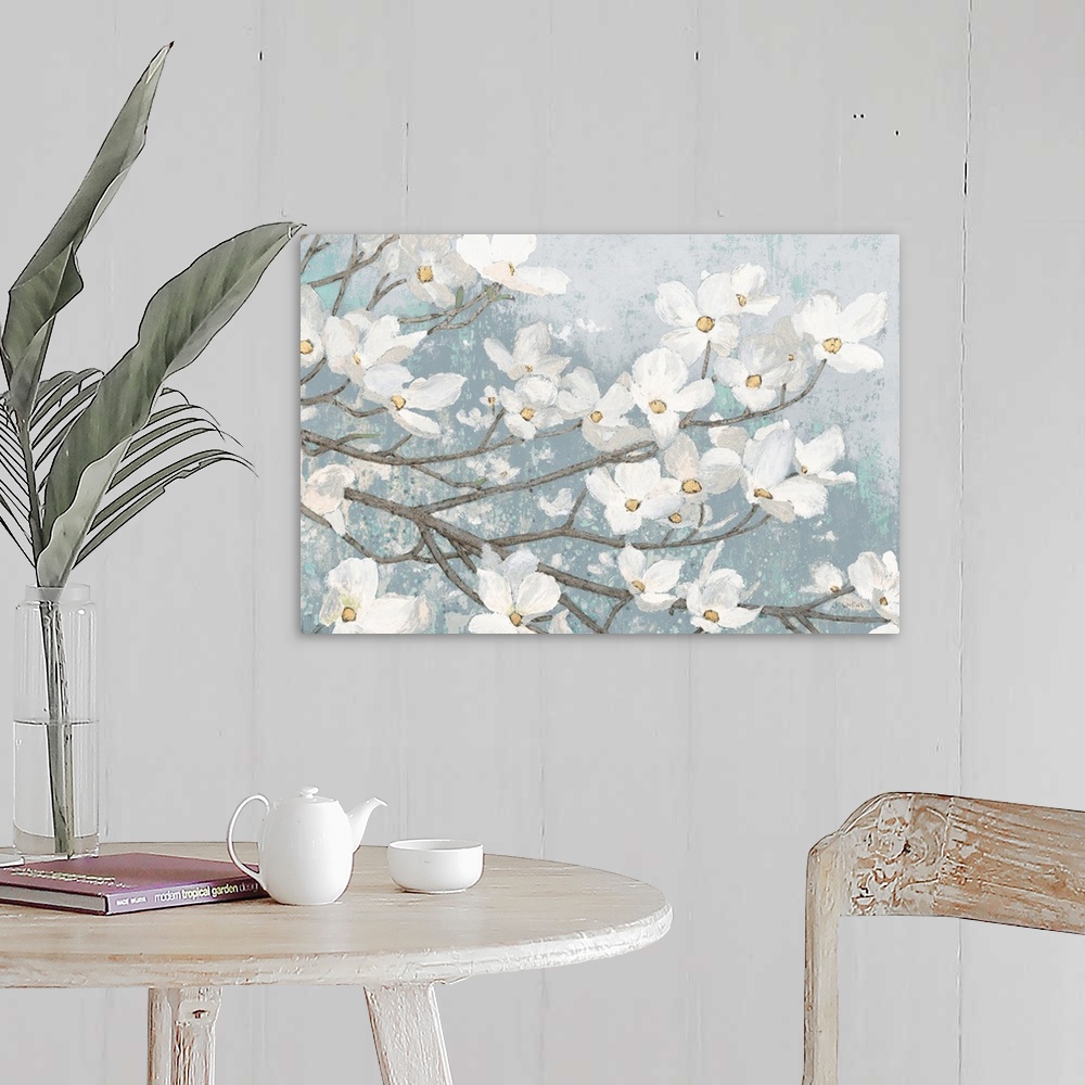 A farmhouse room featuring Dogwood Blossoms II Blue Gray Crop