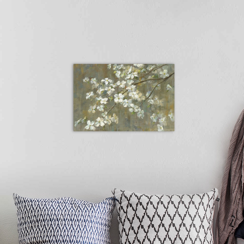 A bohemian room featuring Contemporary painting of a dogwood tree branch with white flowers.