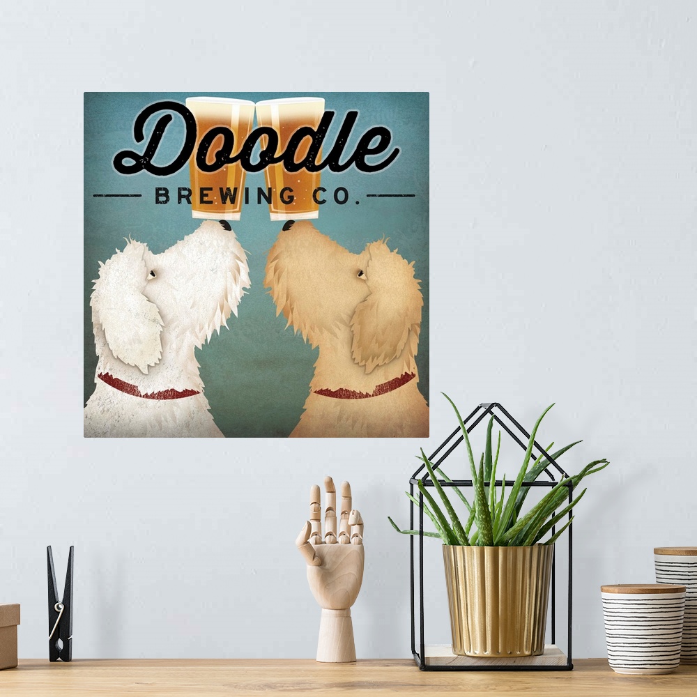 A bohemian room featuring Contemporary artwork of two goldendoodle dogs holding pints of beer on their noses.