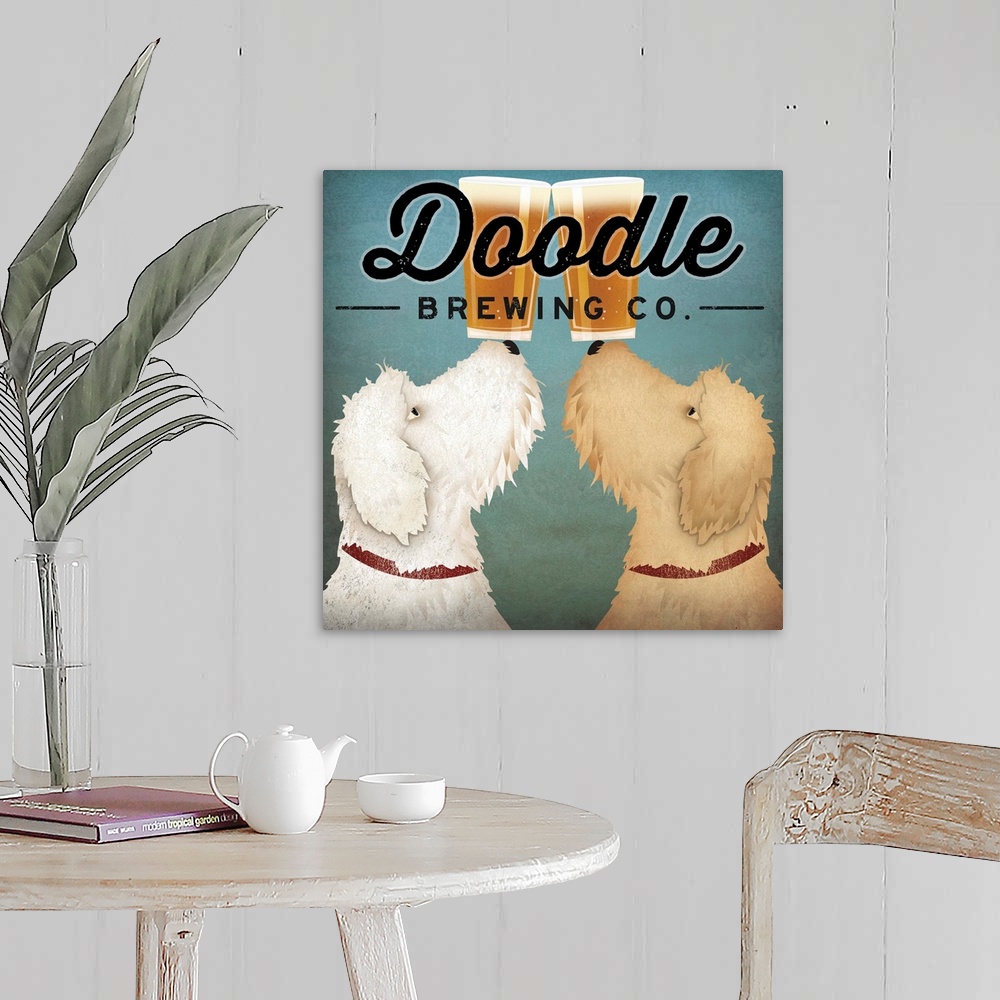A farmhouse room featuring Contemporary artwork of two goldendoodle dogs holding pints of beer on their noses.