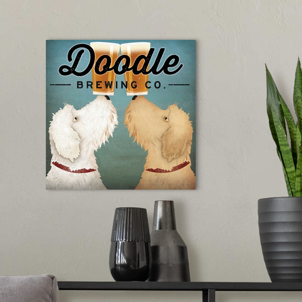 A modern room featuring Contemporary artwork of two goldendoodle dogs holding pints of beer on their noses.