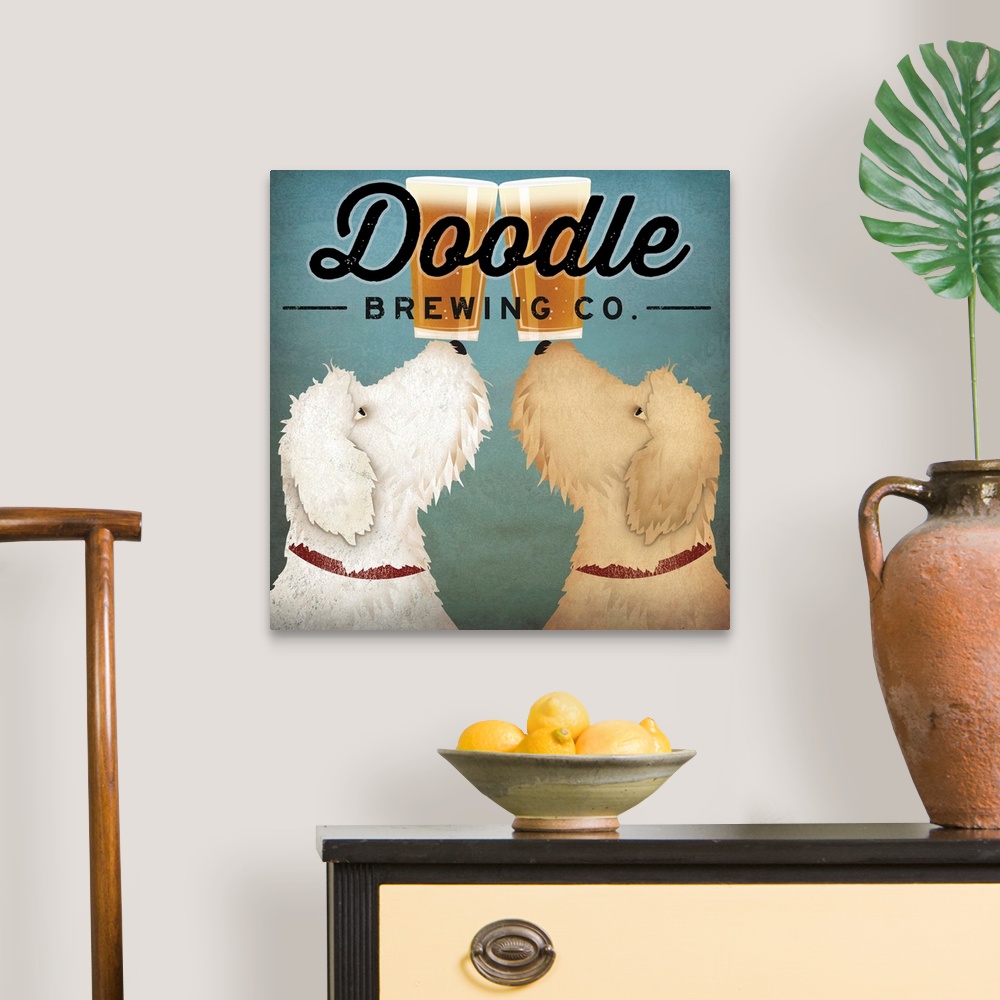 A traditional room featuring Contemporary artwork of two goldendoodle dogs holding pints of beer on their noses.