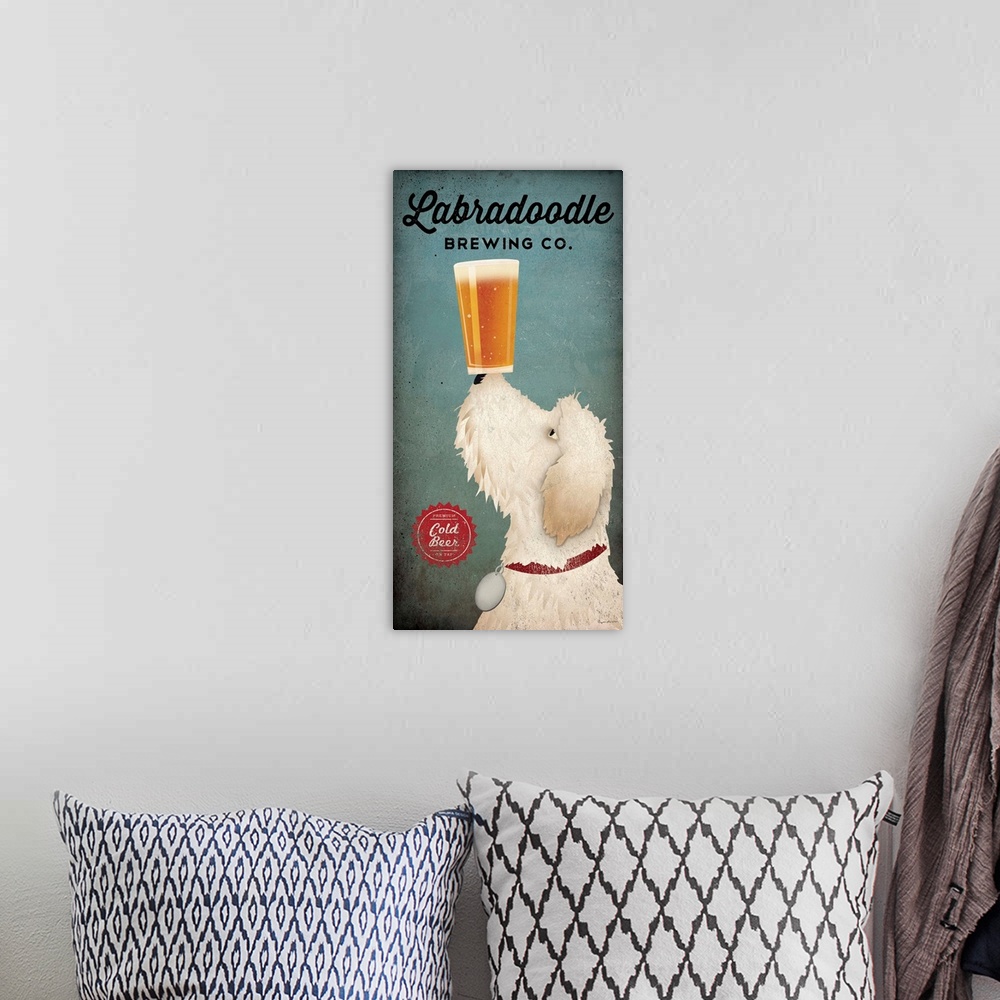 A bohemian room featuring Artwork of a white goldendoodle dog balancing a beer on its nose.
