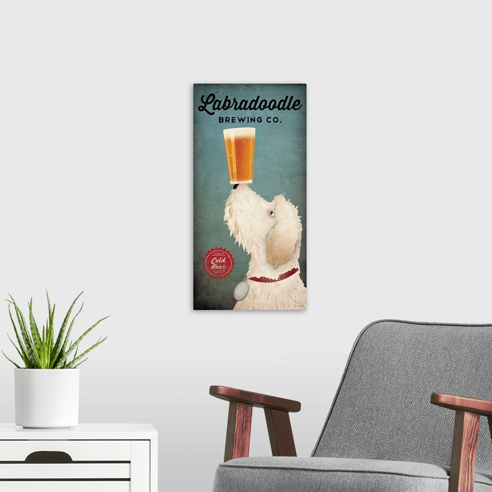 A modern room featuring Artwork of a white goldendoodle dog balancing a beer on its nose.