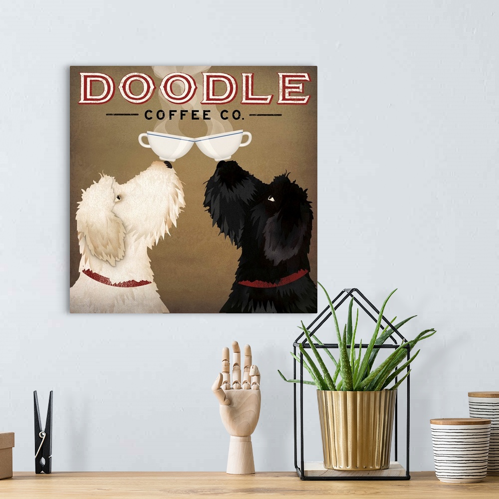 A bohemian room featuring Artwork of black and white goldendoodle dogs balancing cups of coffee on their noses.