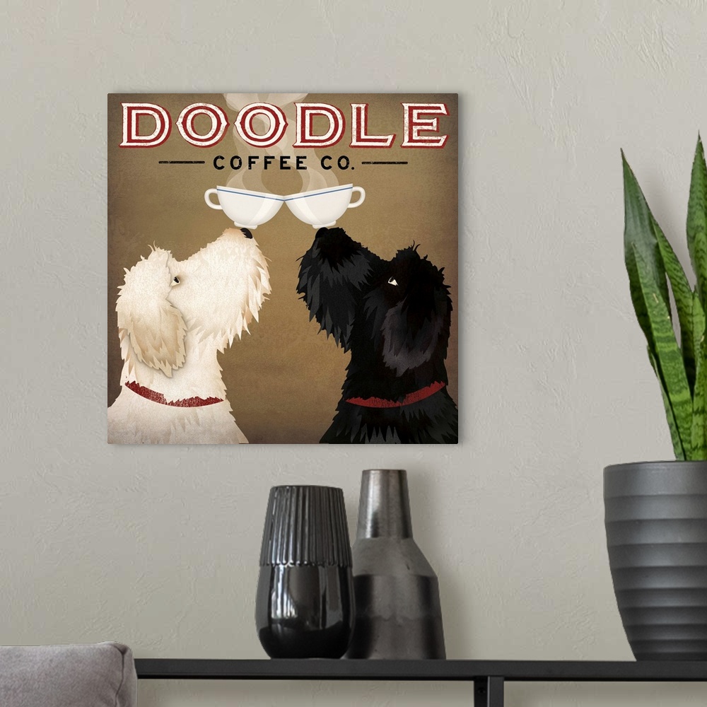 A modern room featuring Artwork of black and white goldendoodle dogs balancing cups of coffee on their noses.