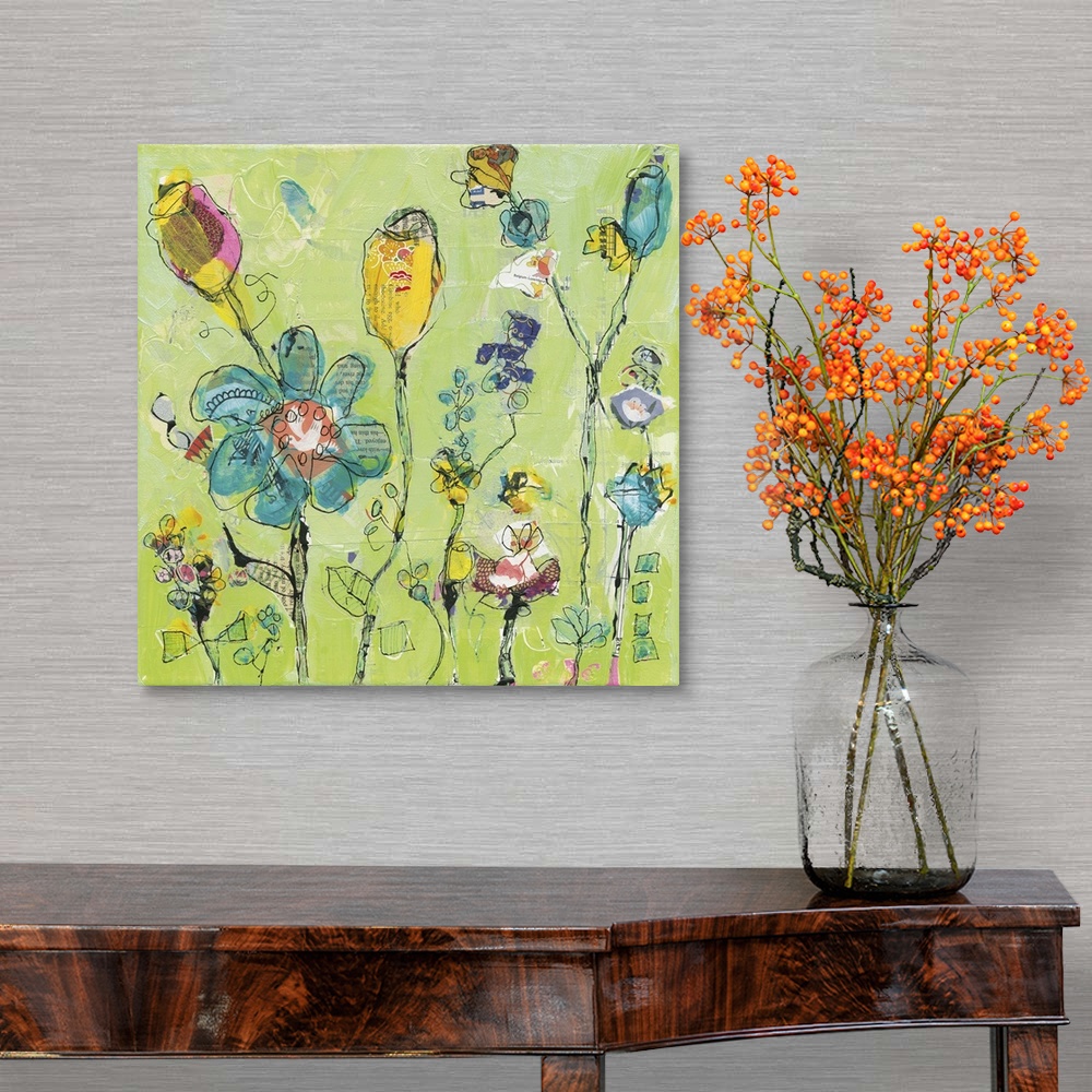 A traditional room featuring Blue and yellow abstract wildflowers on a light green background made with mixed media.