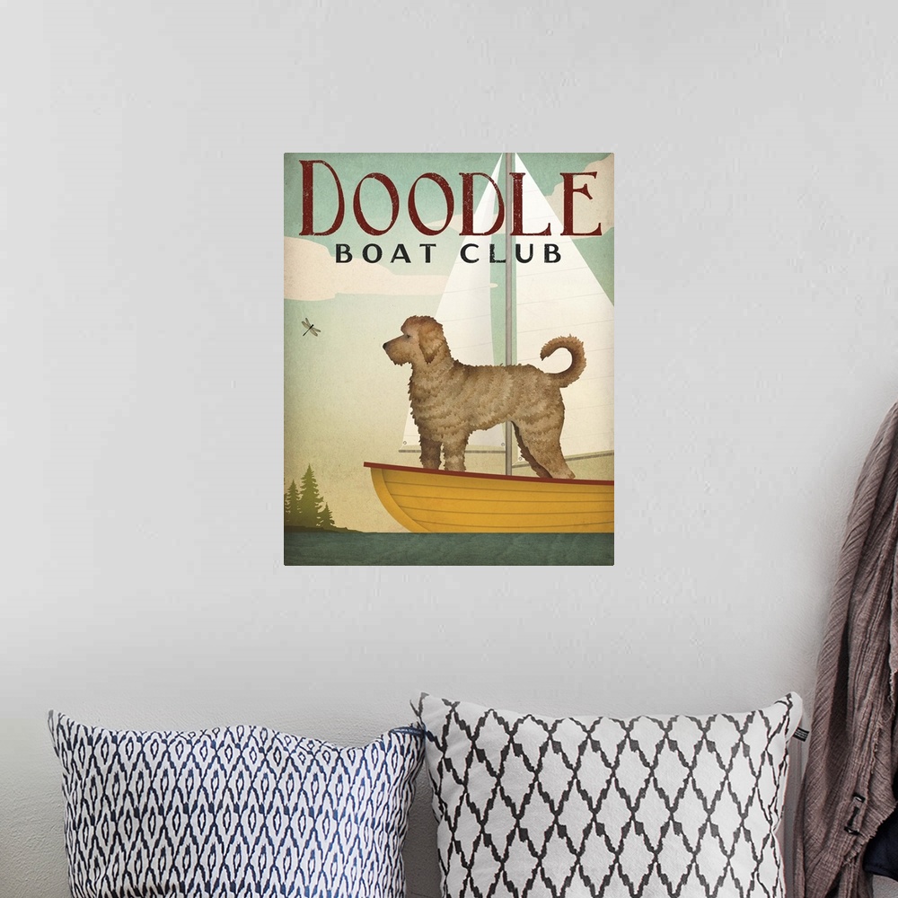 A bohemian room featuring Contemporary artwork of a golden doodle on a sailboat.