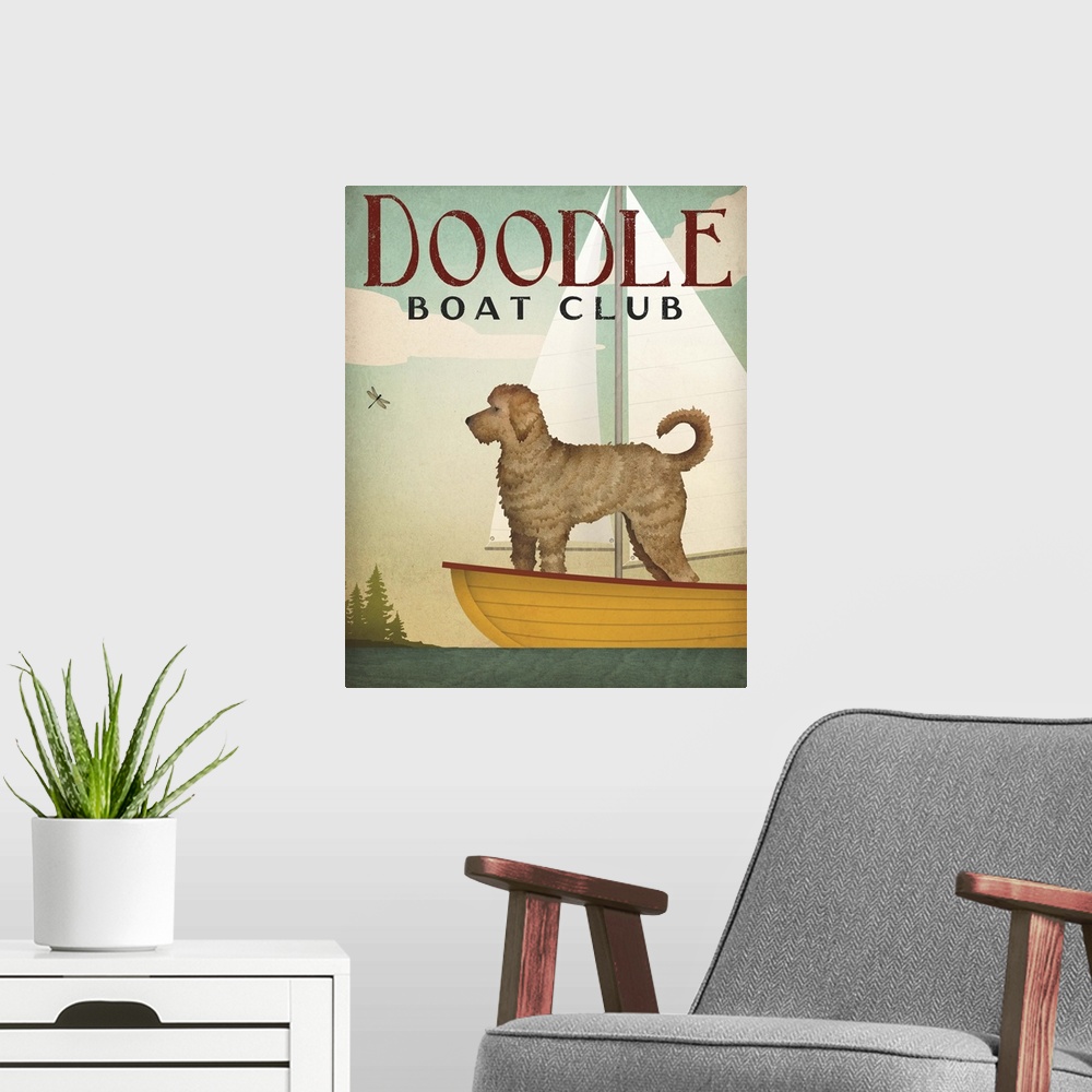 A modern room featuring Contemporary artwork of a golden doodle on a sailboat.
