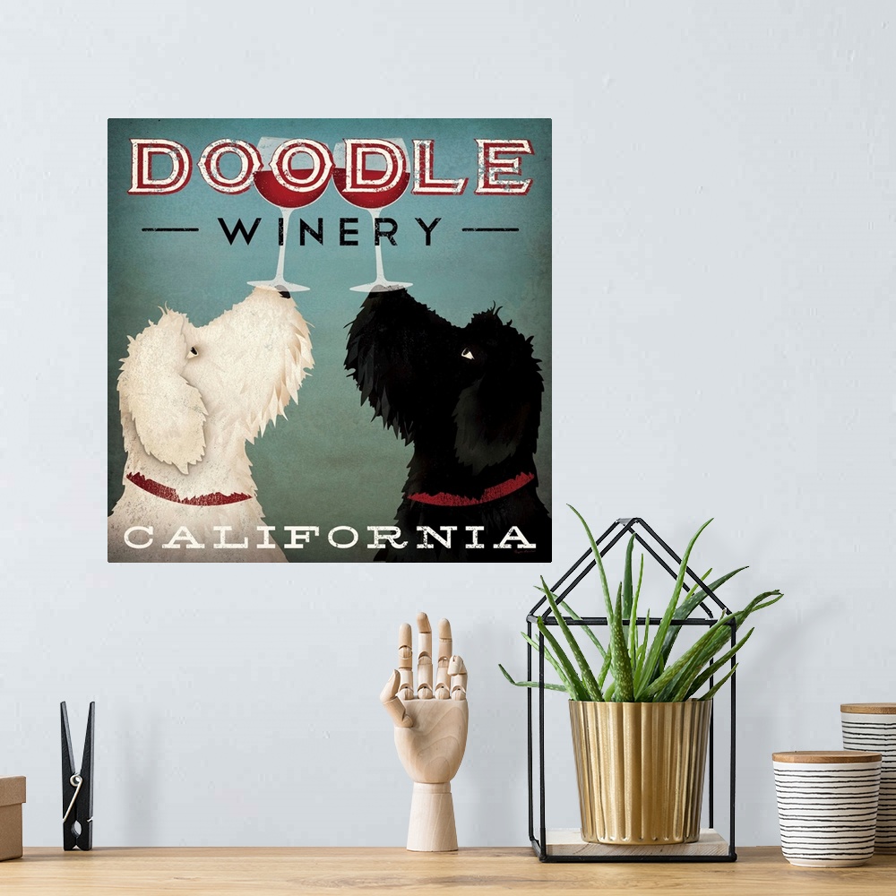 A bohemian room featuring Artwork of Labradoodles balancing glasses of red wine on their noses in unison like a couple of b...