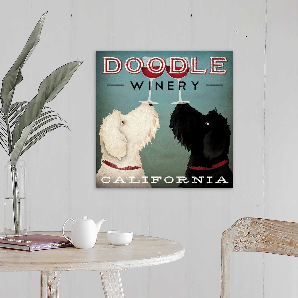 A farmhouse room featuring Artwork of Labradoodles balancing glasses of red wine on their noses in unison like a couple of b...